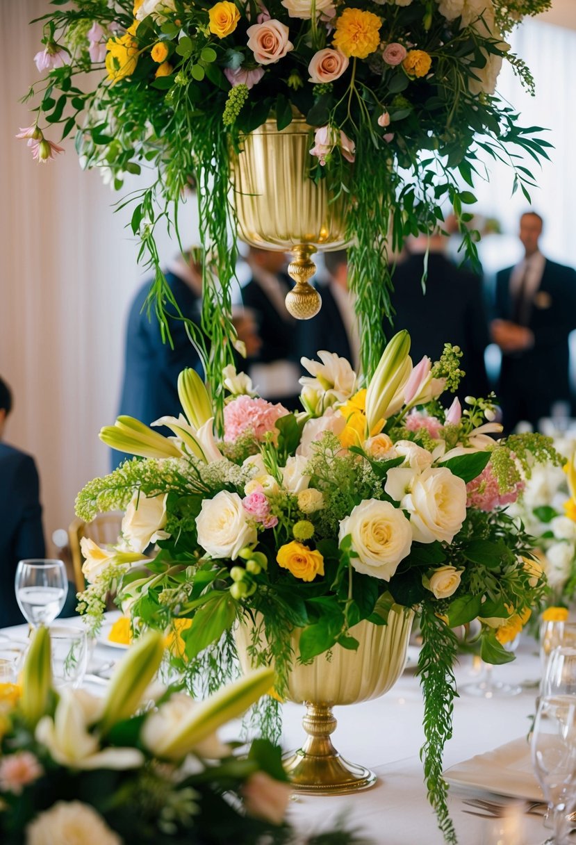 Lush flowers spill out of overflowing compotes on a wedding table, creating a vibrant and abundant centerpiece