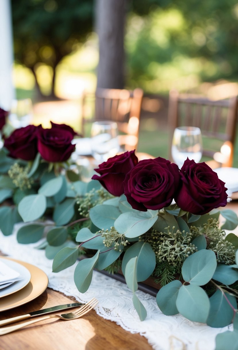 A table adorned with maroon roses and eucalyptus centerpieces