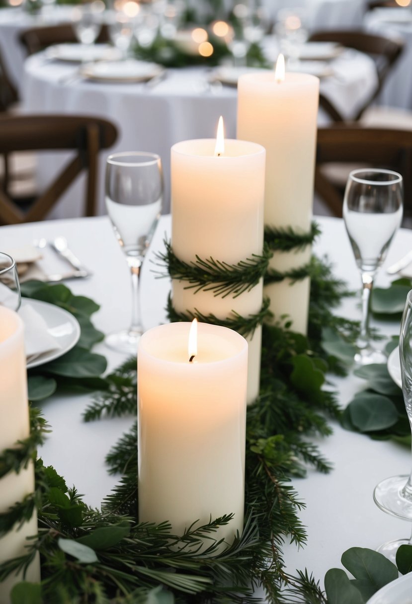 Greenery-wrapped pillar candles adorn a white wedding table, creating a fresh and elegant centerpiece