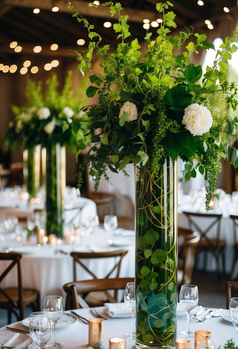 Tall vases filled with lush green vines adorn wedding tables