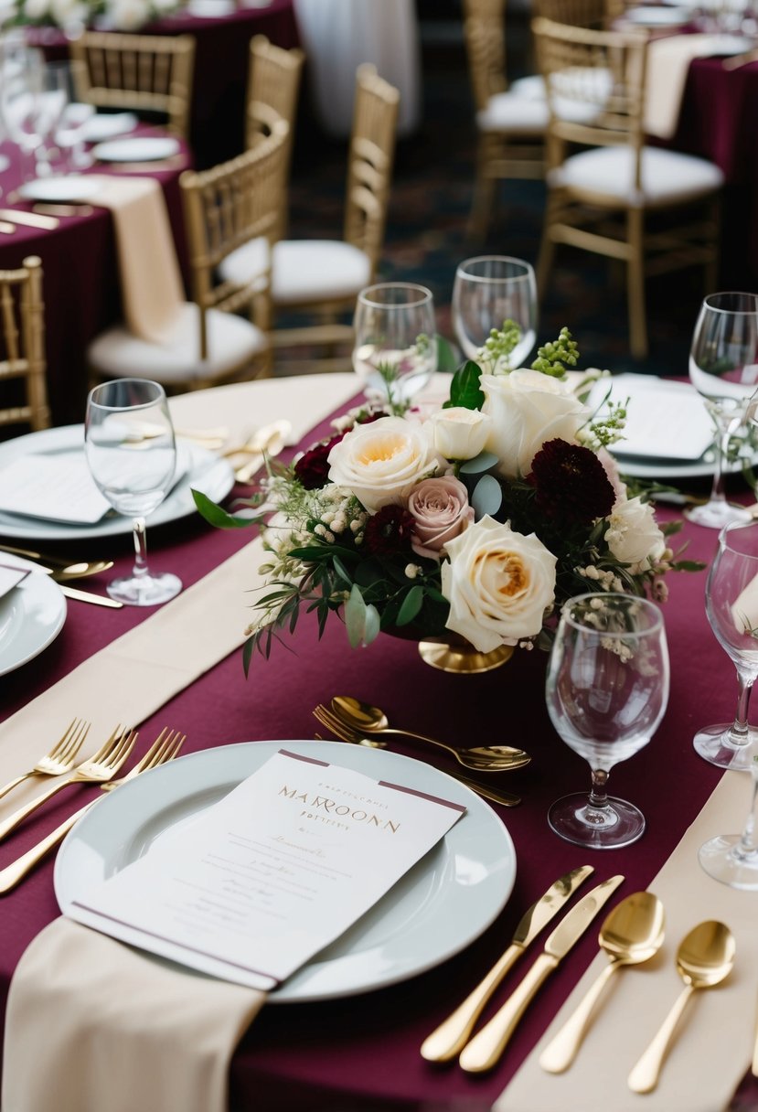 A maroon and cream tablecloth set on a banquet table with elegant floral centerpieces and gold cutlery