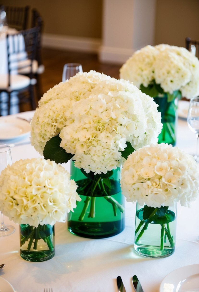 A table adorned with white hydrangeas in green vases, creating an elegant and serene wedding centerpiece