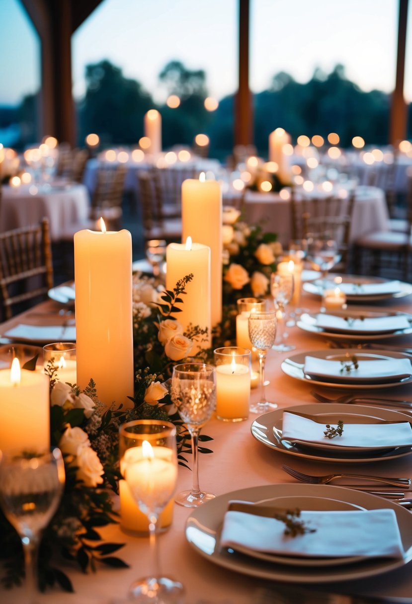 Elegant candles adorn wedding tables, casting a warm glow on delicate centerpieces