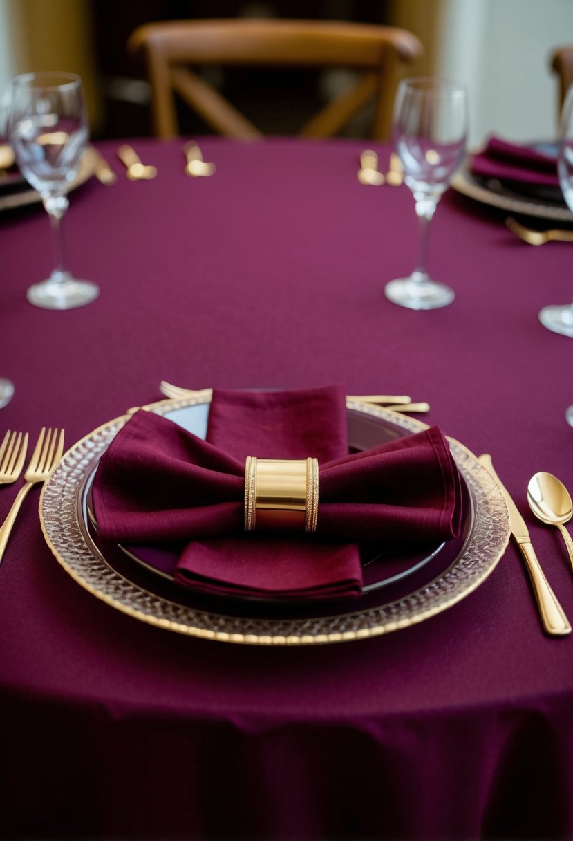 A maroon tablecloth adorned with gold napkin rings and maroon napkins