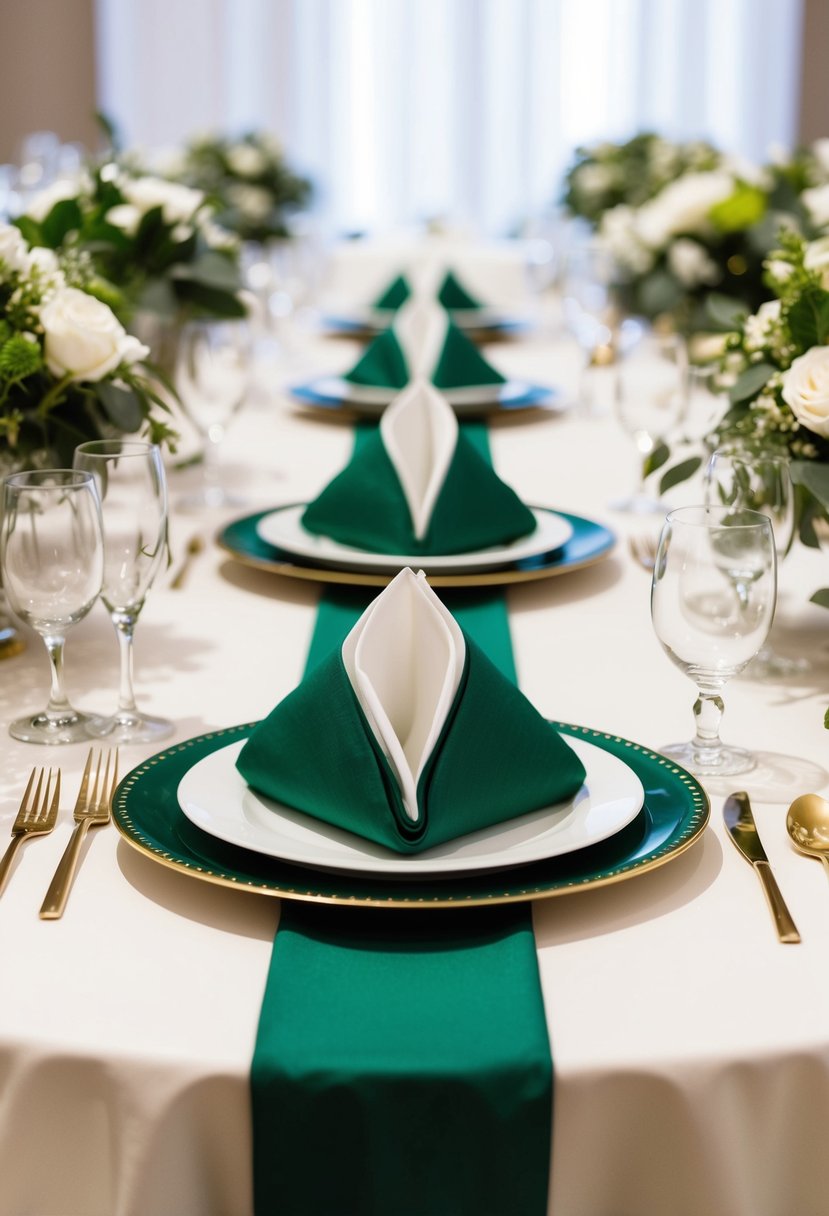 Green and white napkins arranged in an alternating pattern on a wedding reception table, with elegant place settings and floral centerpieces