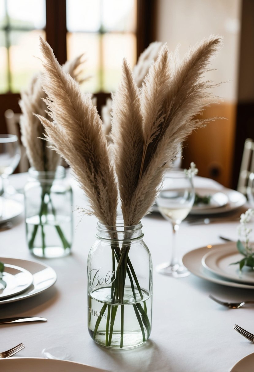 Pampas grass in clear glass jars adorns wedding tables