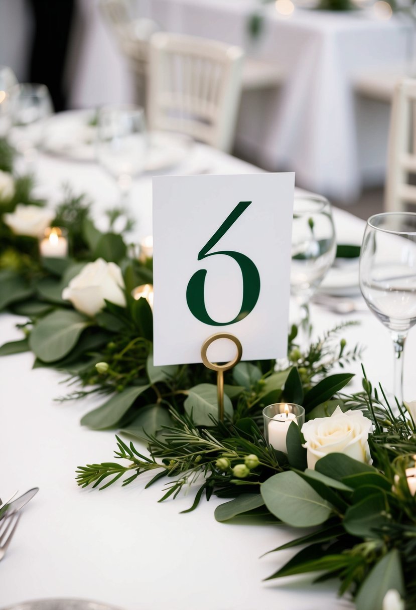 A white table adorned with greenery accents, featuring elegant table number holders for a green and white wedding decoration