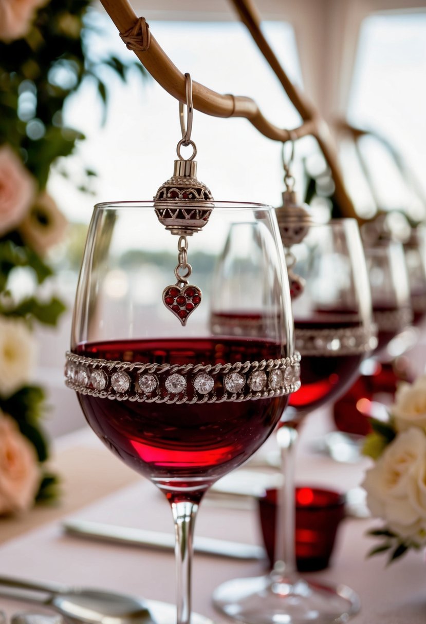 Maroon wine glass charms hanging from elegant wedding table settings