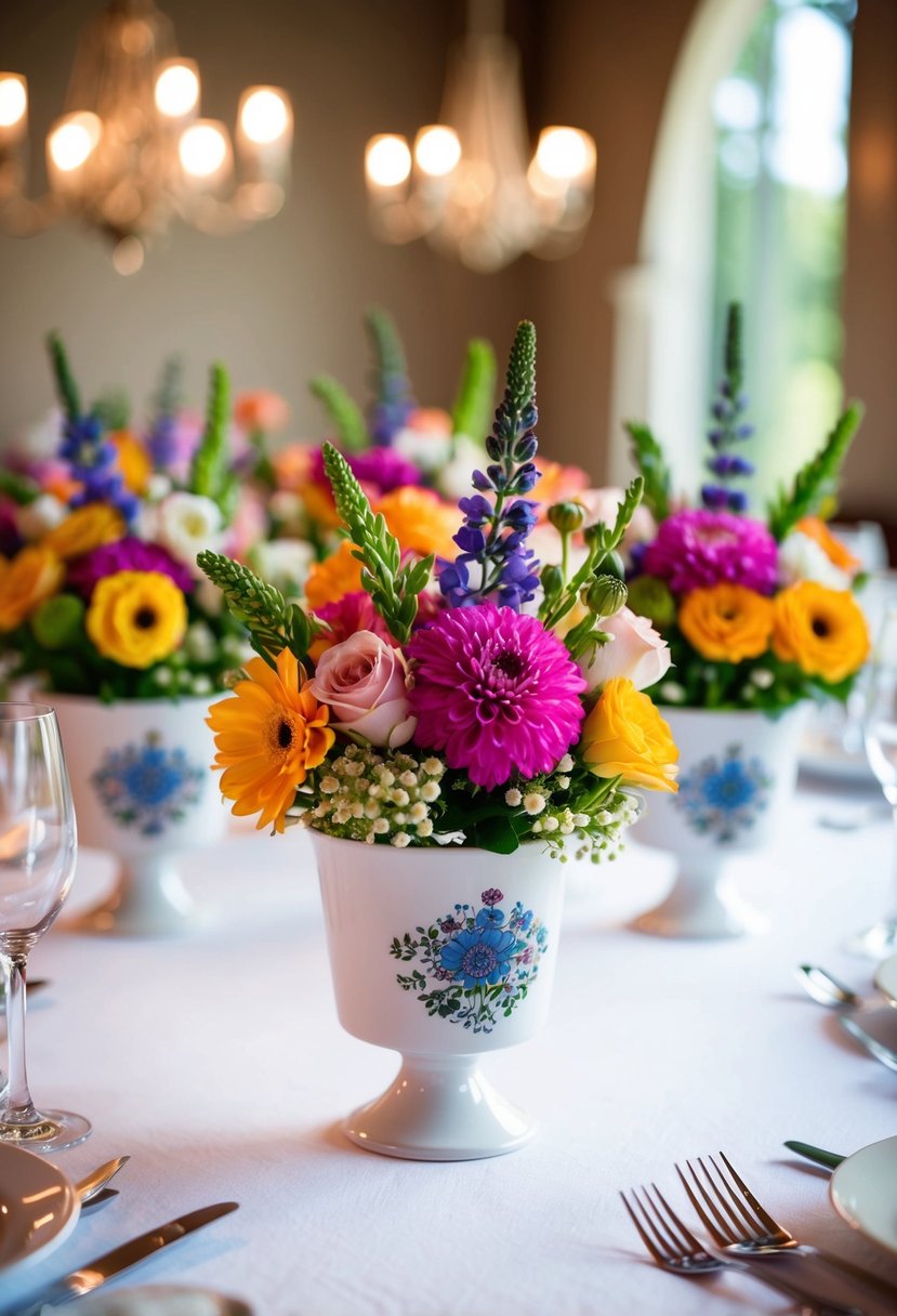 Mini compotes filled with vibrant blooms adorn the wedding table, creating a colorful and elegant centerpiece