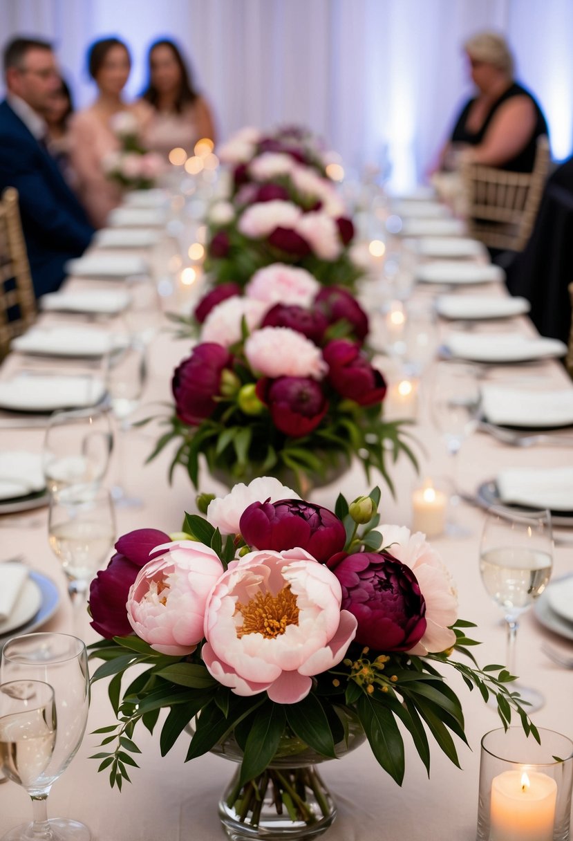 Maroon and blush peony arrangements adorn guest tables at a wedding reception