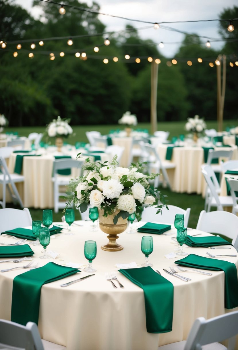 Ivory tablecloths with green satin overlays and white floral centerpieces on round tables