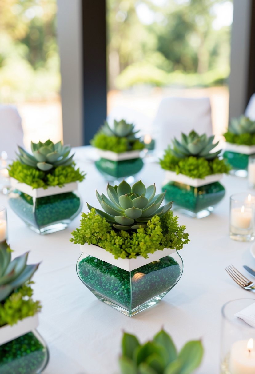 A table adorned with green and white succulent favors, creating a fresh and elegant wedding decor