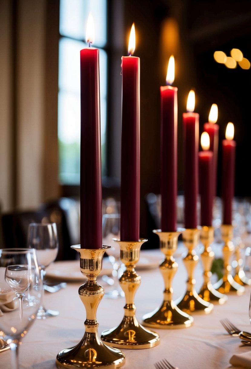 Maroon taper candles in gold holders adorn a wedding table, casting a warm and elegant glow