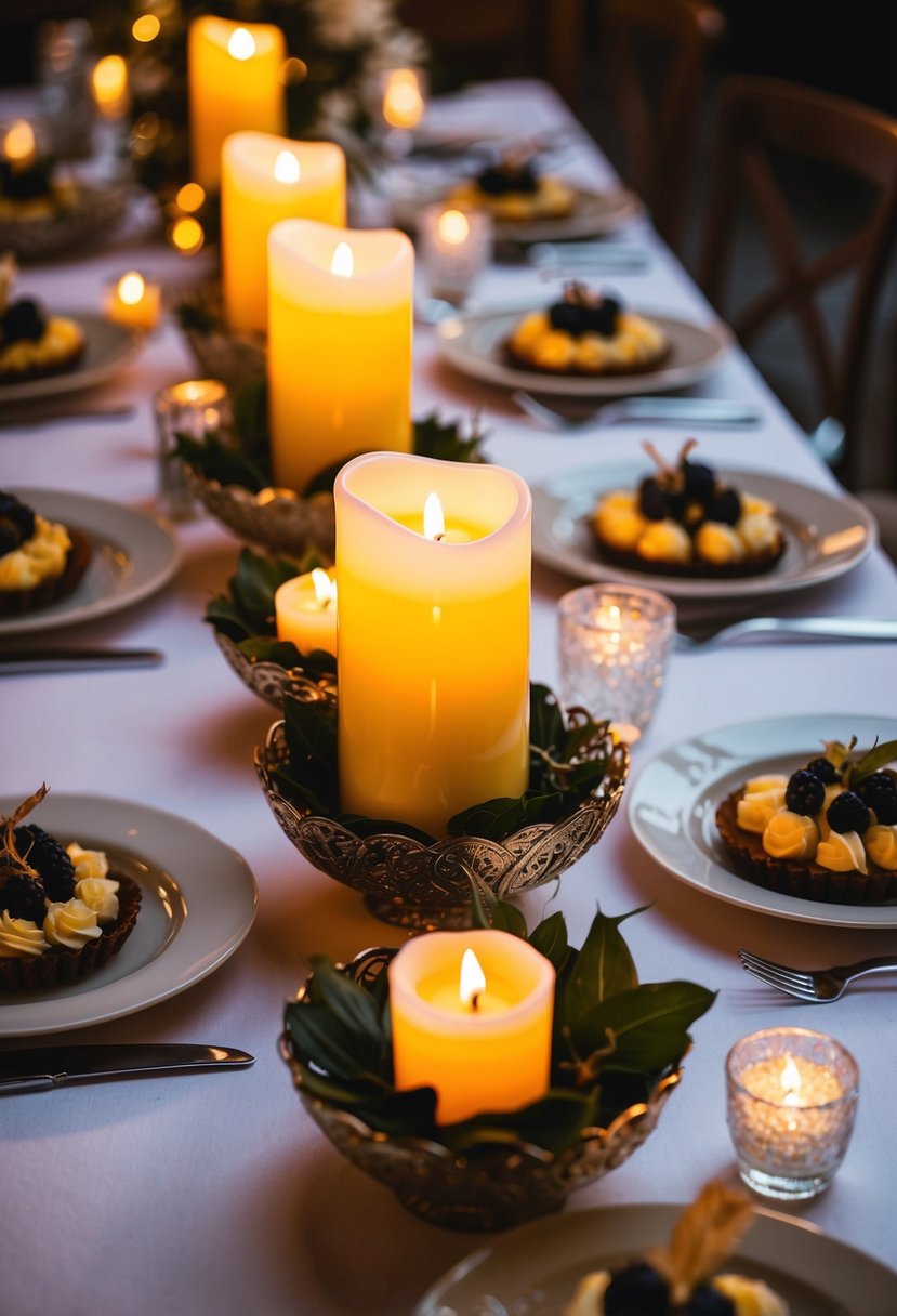 LED candles illuminate a wedding table adorned with edible delights nestled inside decorative holders, creating a warm and inviting atmosphere