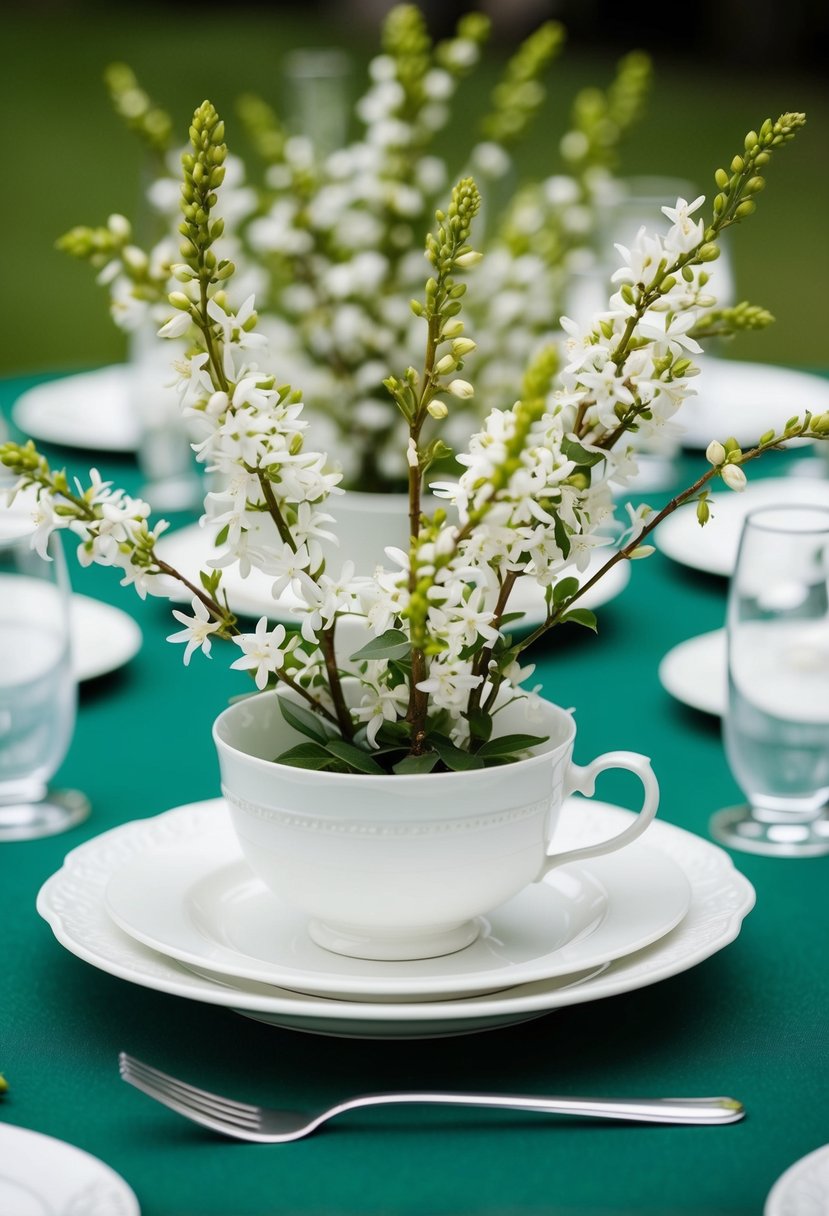 Sprigs of jasmine arranged on white china, set on a green and white wedding table