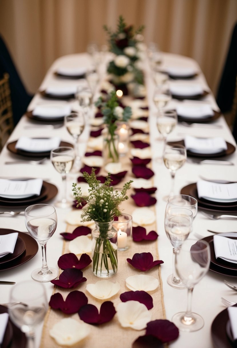 A maroon and ivory petal table runner adorns a wedding table, creating an elegant and romantic atmosphere