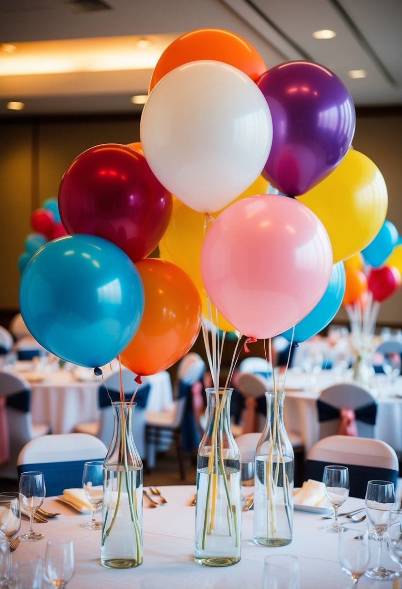 Balloons in various sizes and colors arranged inside glass vases on wedding reception tables