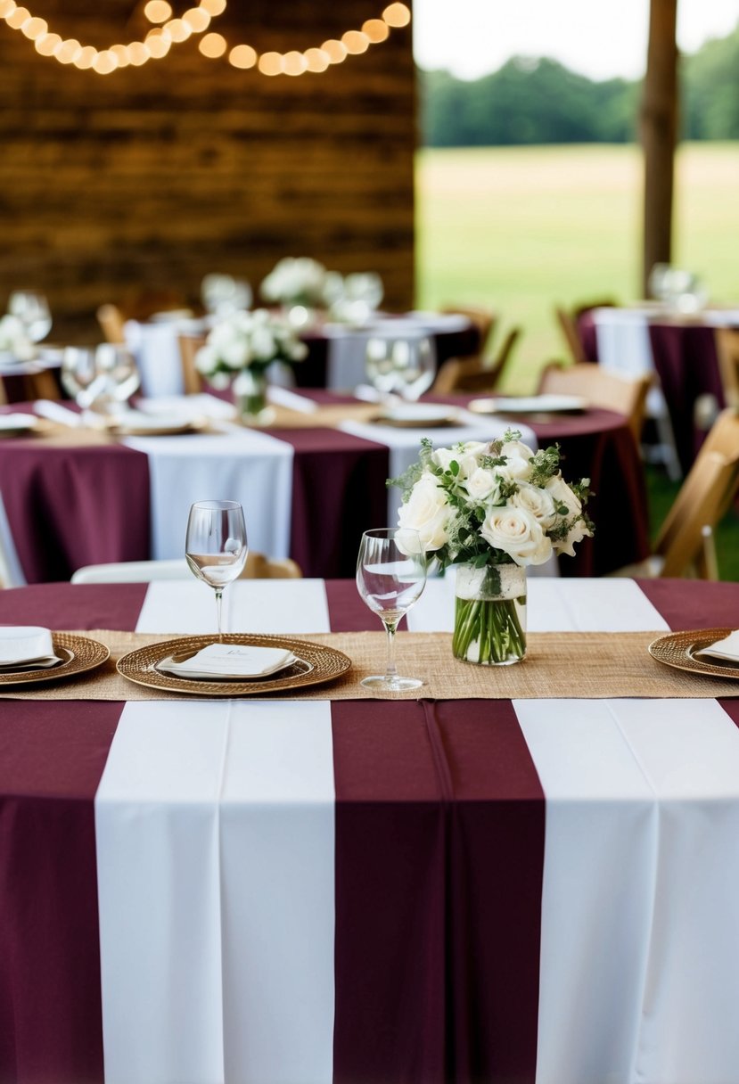 Maroon and white striped tablecloths cover the tables, adding a playful touch to the wedding decor