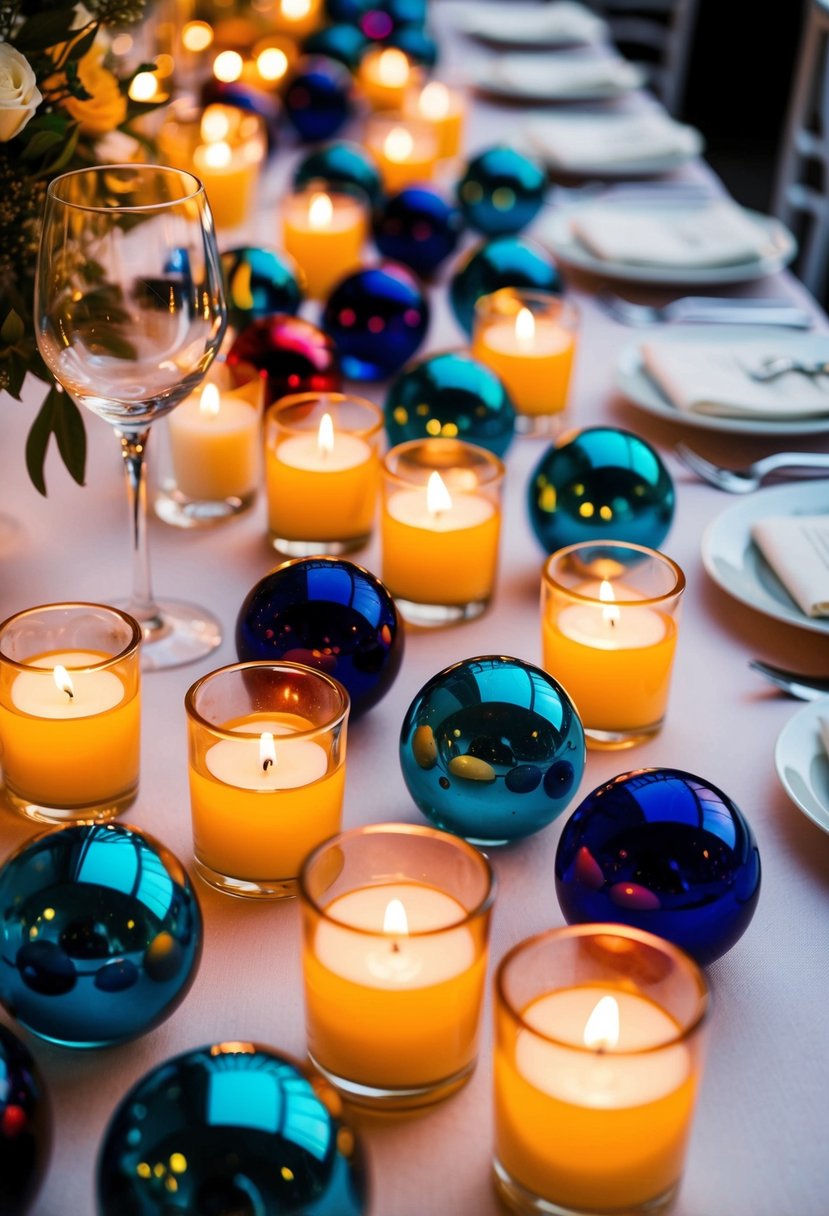 Colorful glass marbles surround glowing candle votives, creating an elegant wedding table centerpiece