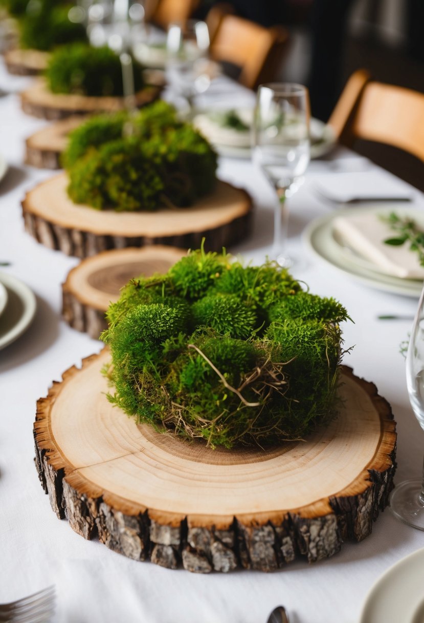 Rustic wooden slices adorned with green moss, creating a natural and earthy wedding table decoration