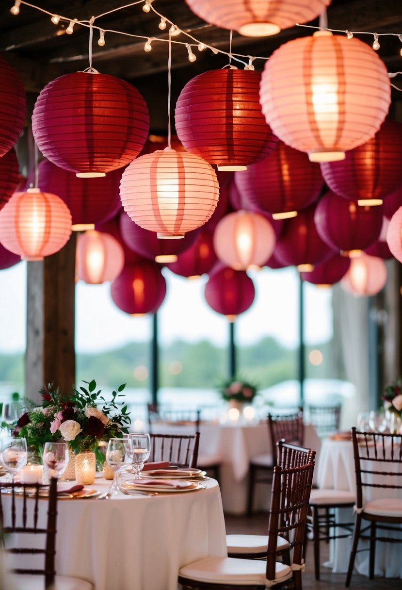 Maroon paper lanterns hanging above wedding tables