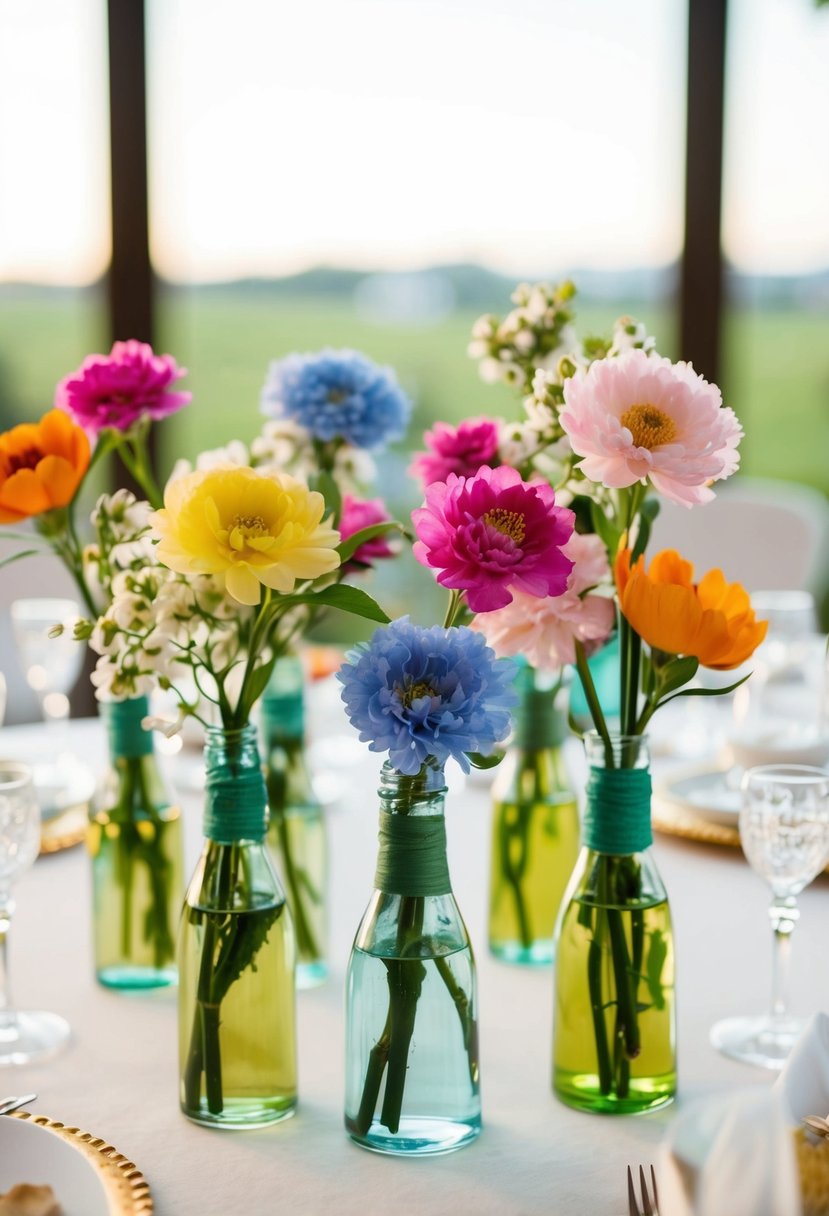 Small vases with colorful blossoms arranged on a wedding table