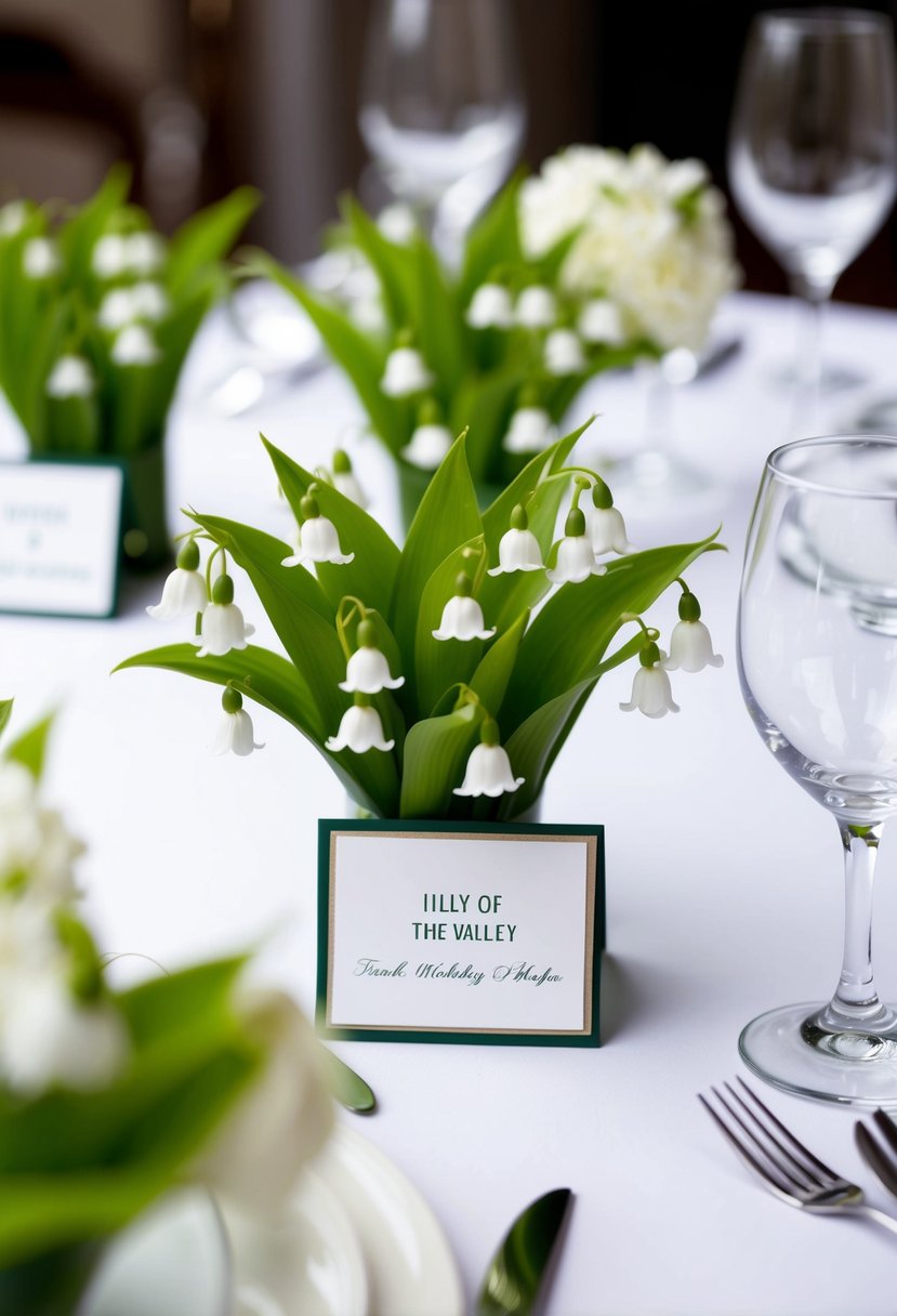 A table set with white and green Lily of the Valley place cards for a wedding