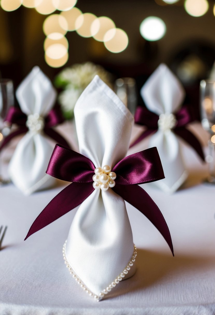 Maroon ribbon and pearls adorn napkin ties for a wedding table