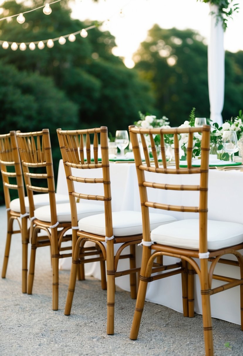 Bamboo chairs with white cushions arranged around a table adorned with green and white wedding decorations