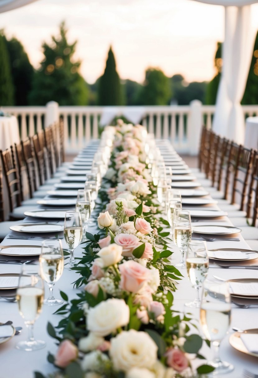 A long wedding table adorned with elegant floral runners in a romantic setting