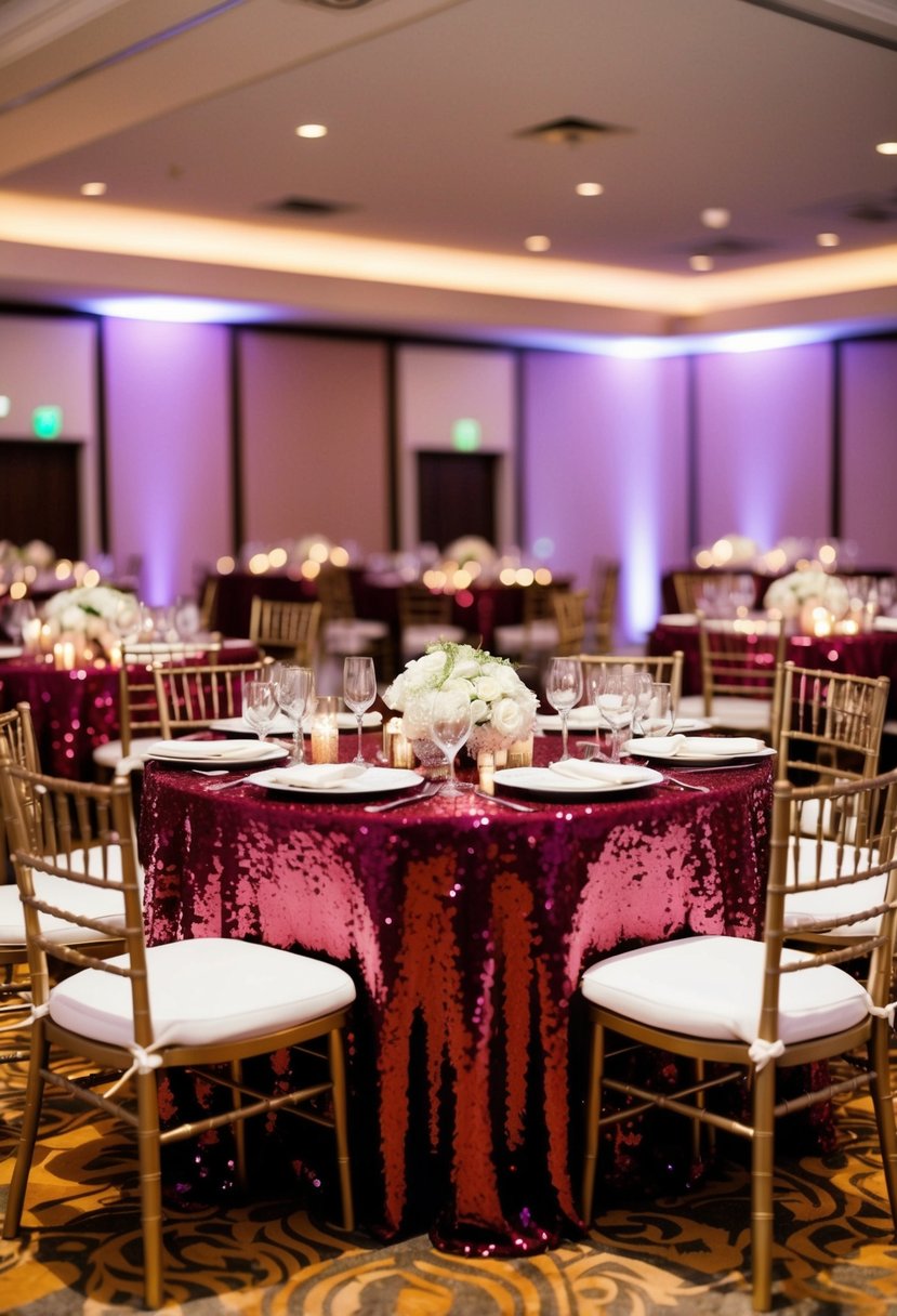 Maroon sequin tablecloths shimmer under soft lighting, creating a glamorous and luxurious atmosphere for a wedding reception