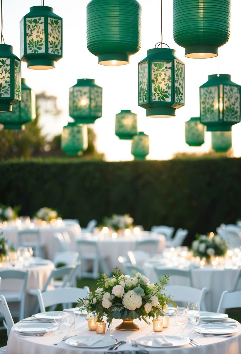 Green floral lanterns hang above a white wedding table, casting a soft glow on the delicate floral centerpieces