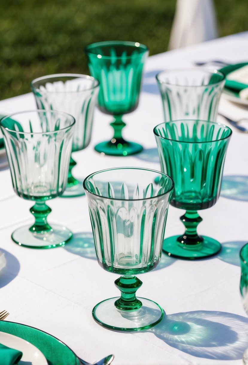 Emerald and clear glass vintage goblets arranged on a white wedding table with green accents