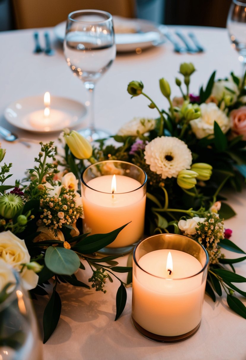 Scented candles surrounded by fresh florals on a wedding table centerpiece