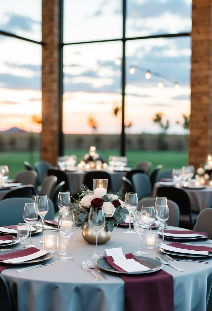 A sleek maroon and grey table setting with modern decor for a wedding reception