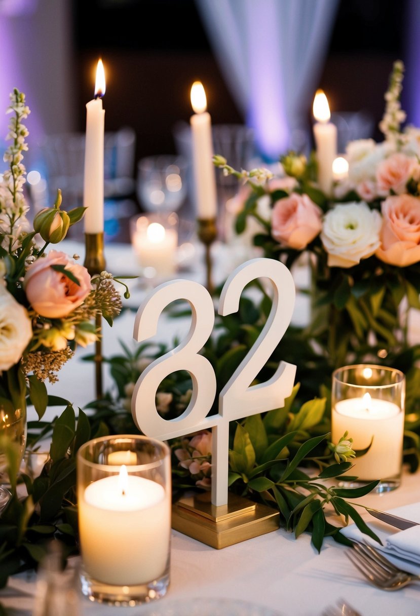 Elegant table number decorations amid floral centerpieces and candlelight