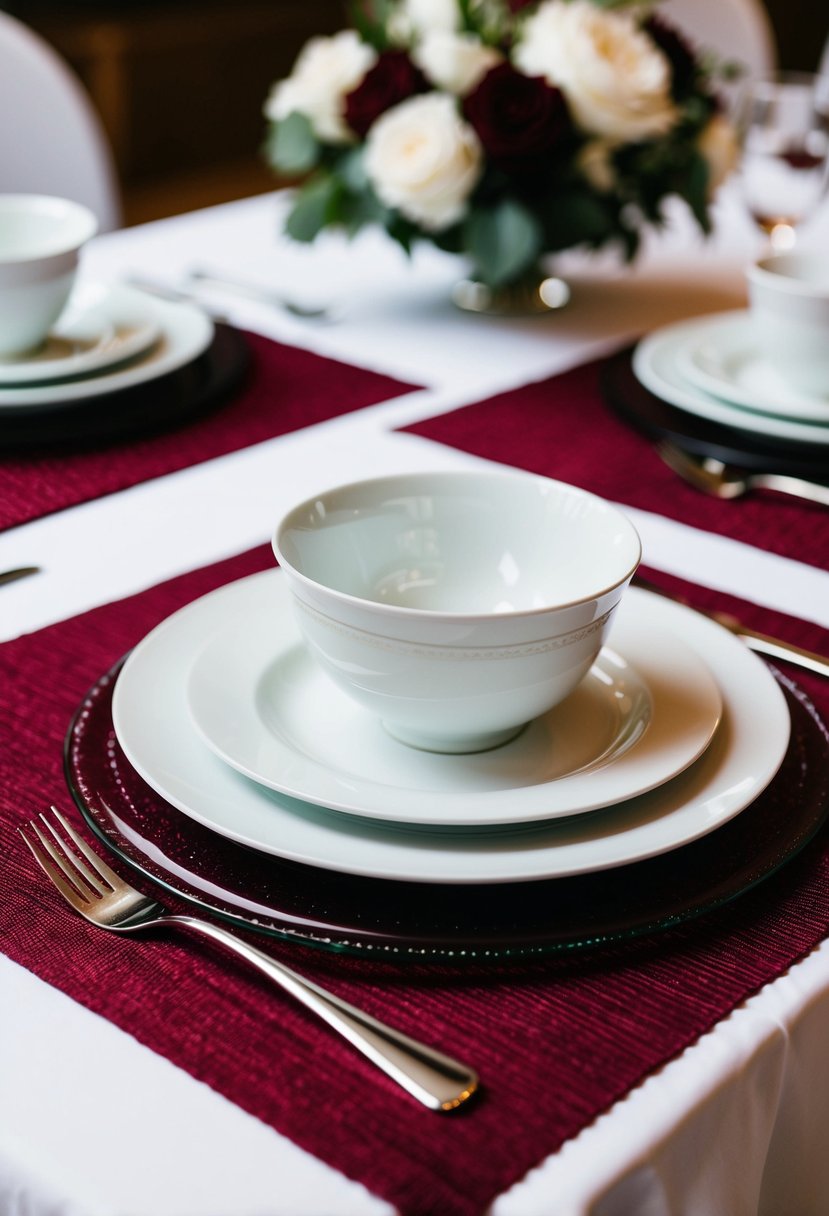 Maroon placemats under white dinnerware on a wedding table