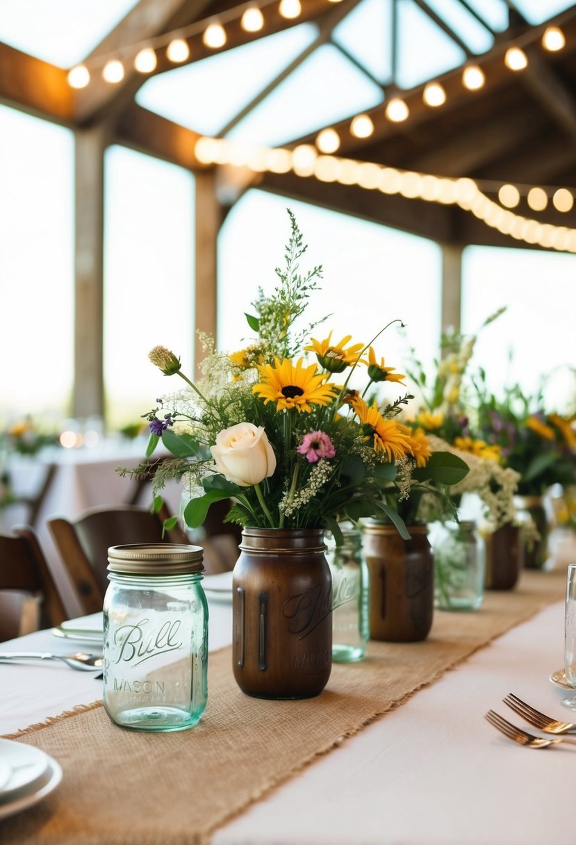 A rustic wedding tablescape featuring burlap runners, mason jar centerpieces, and wildflower arrangements