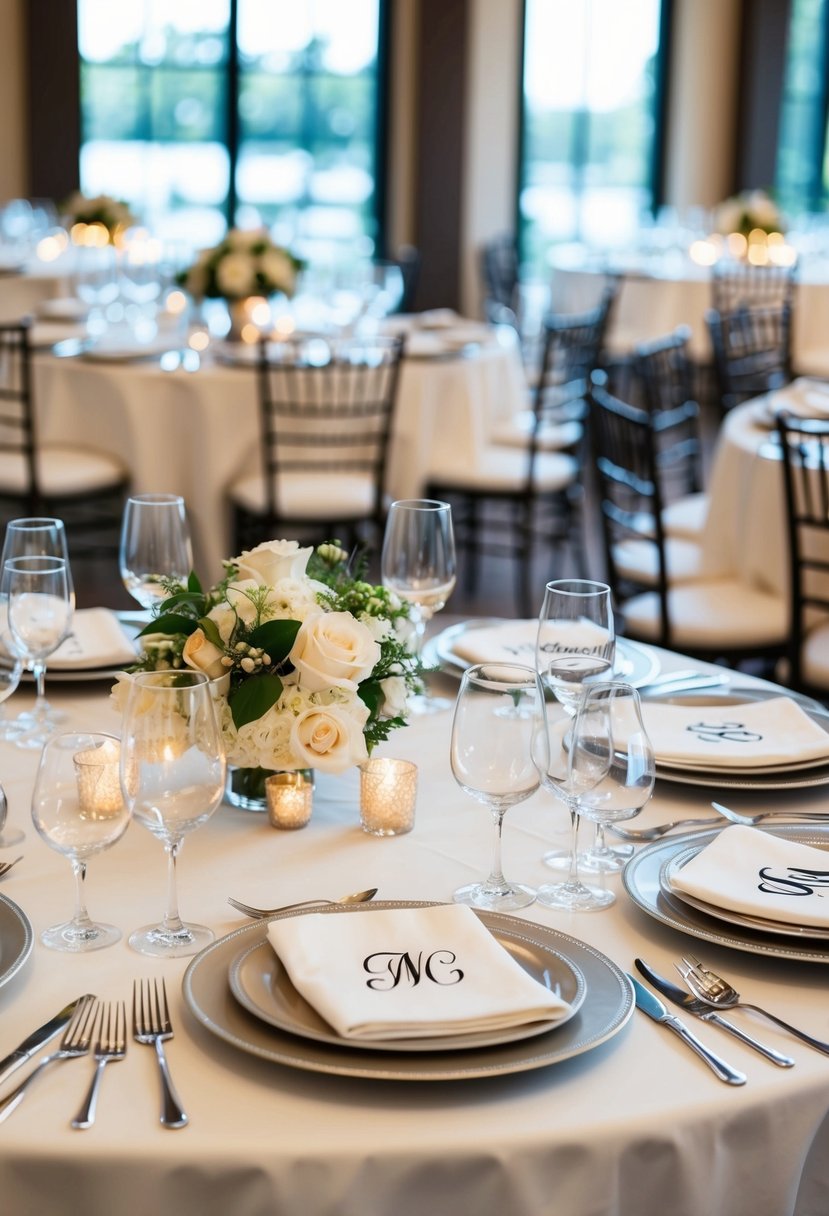 A wedding table adorned with custom place settings, monogrammed napkins, and personalized centerpieces