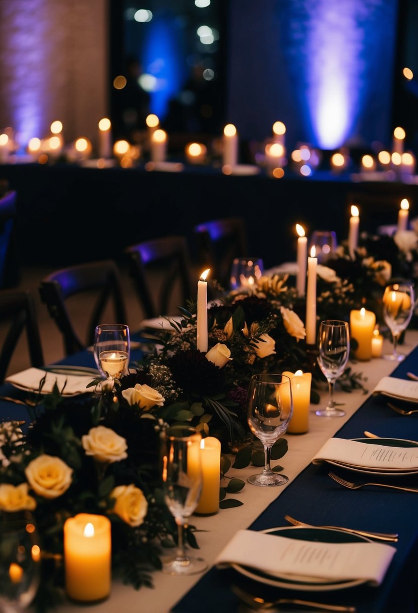 A dimly lit table adorned with dark florals and flickering candles, creating a moody ambiance for a wedding reception