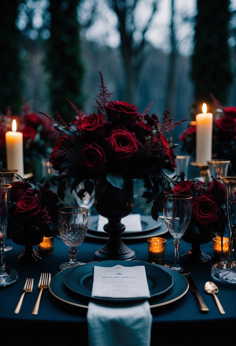 A dark, moody wedding table adorned with gothic-inspired floral arrangements featuring deep red roses