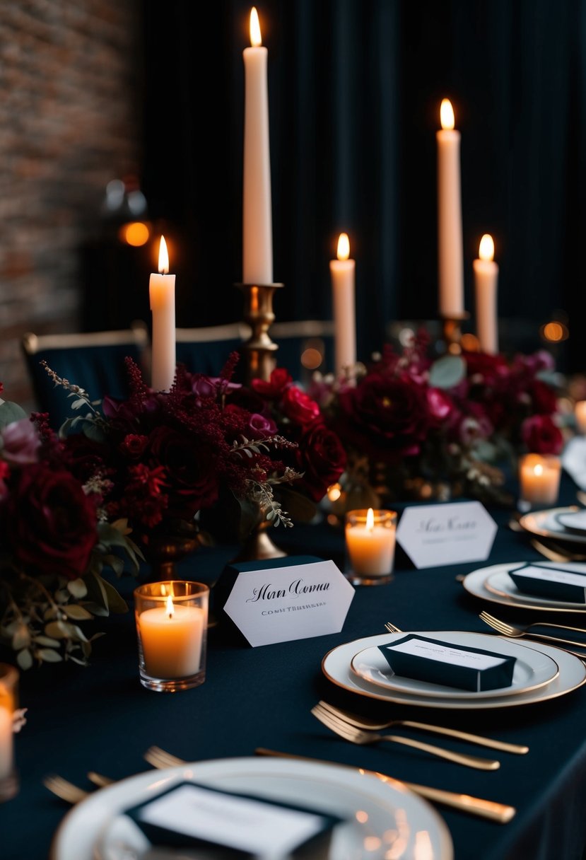 Coffin-shaped place cards arranged on a dark, gothic wedding table with dim candlelight and deep red floral arrangements