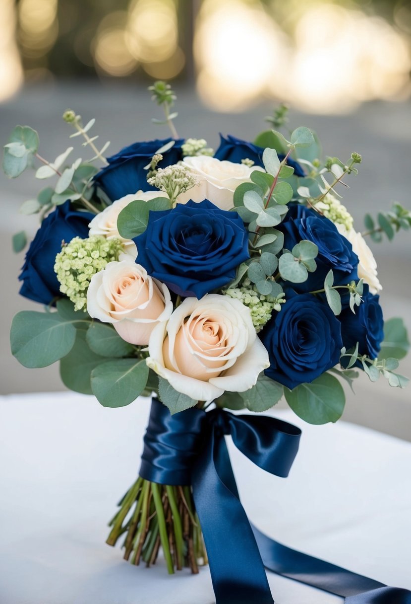 A navy blue wedding bouquet with roses, hydrangeas, and eucalyptus, tied with a satin ribbon