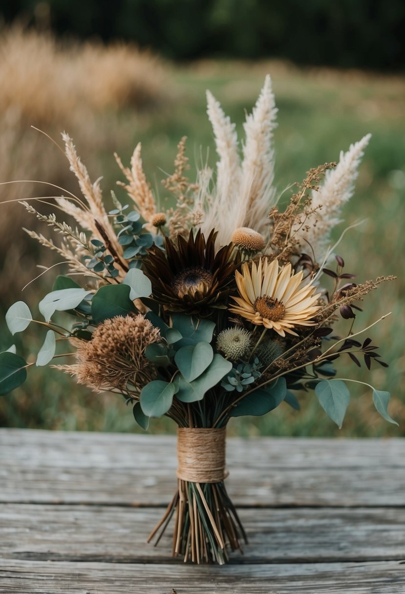 A rustic wedding bouquet with earthy tones of brown, green, and gold, featuring wildflowers, eucalyptus, and dried grasses