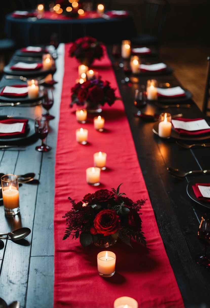 Blood-red table runners draped over dark wooden tables, adorned with flickering candlelight and deep crimson floral arrangements