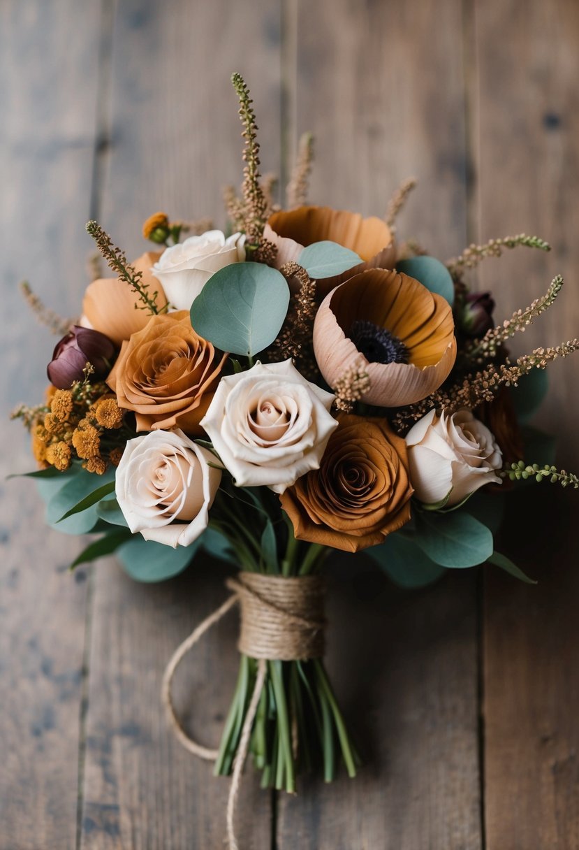 A rustic, earthy-toned wedding bouquet featuring toffee, rose, and delight-colored flowers, tied with a simple twine ribbon