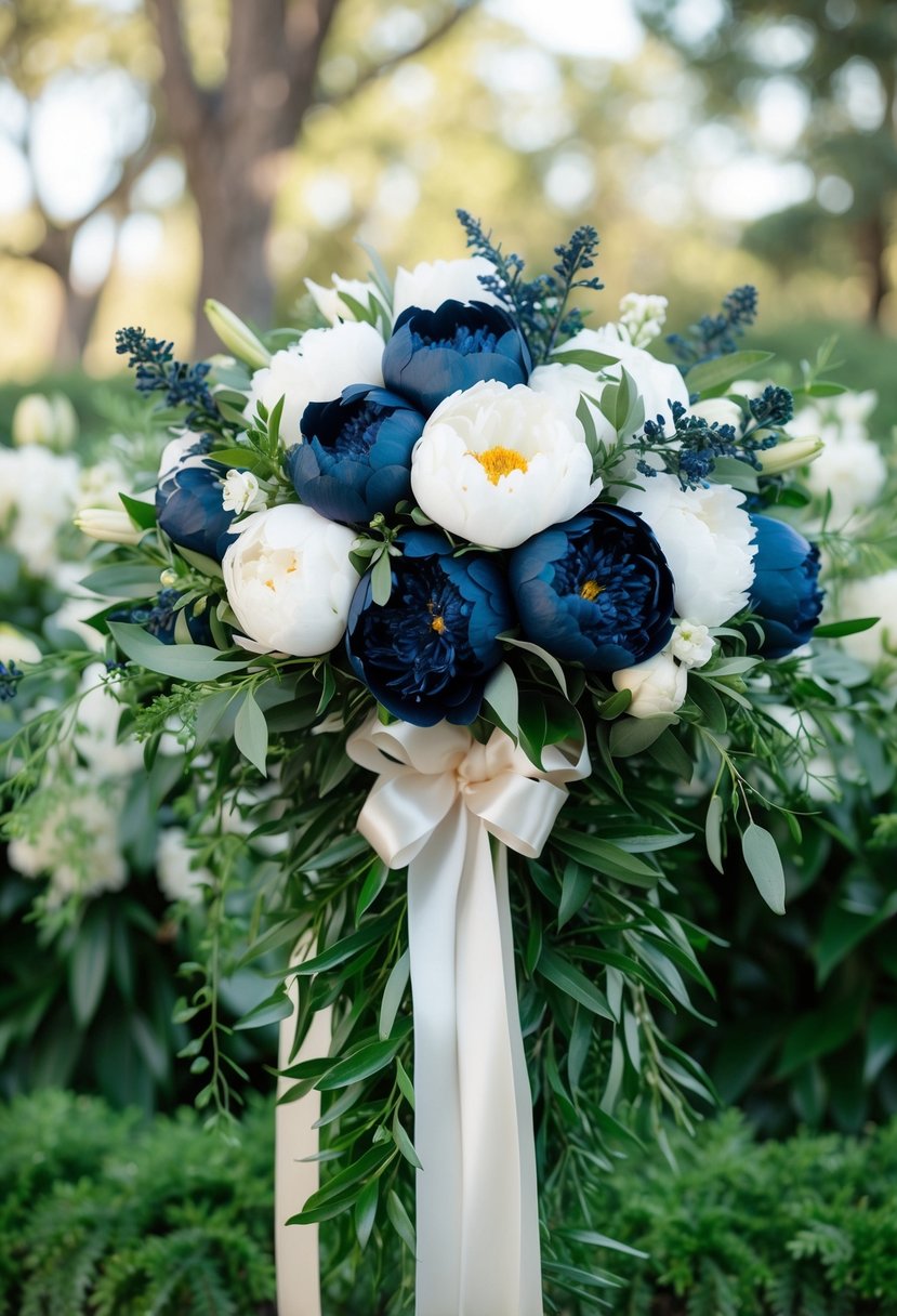 A cascading bouquet of navy blue and white peonies, with lush greenery, tied with a satin ribbon