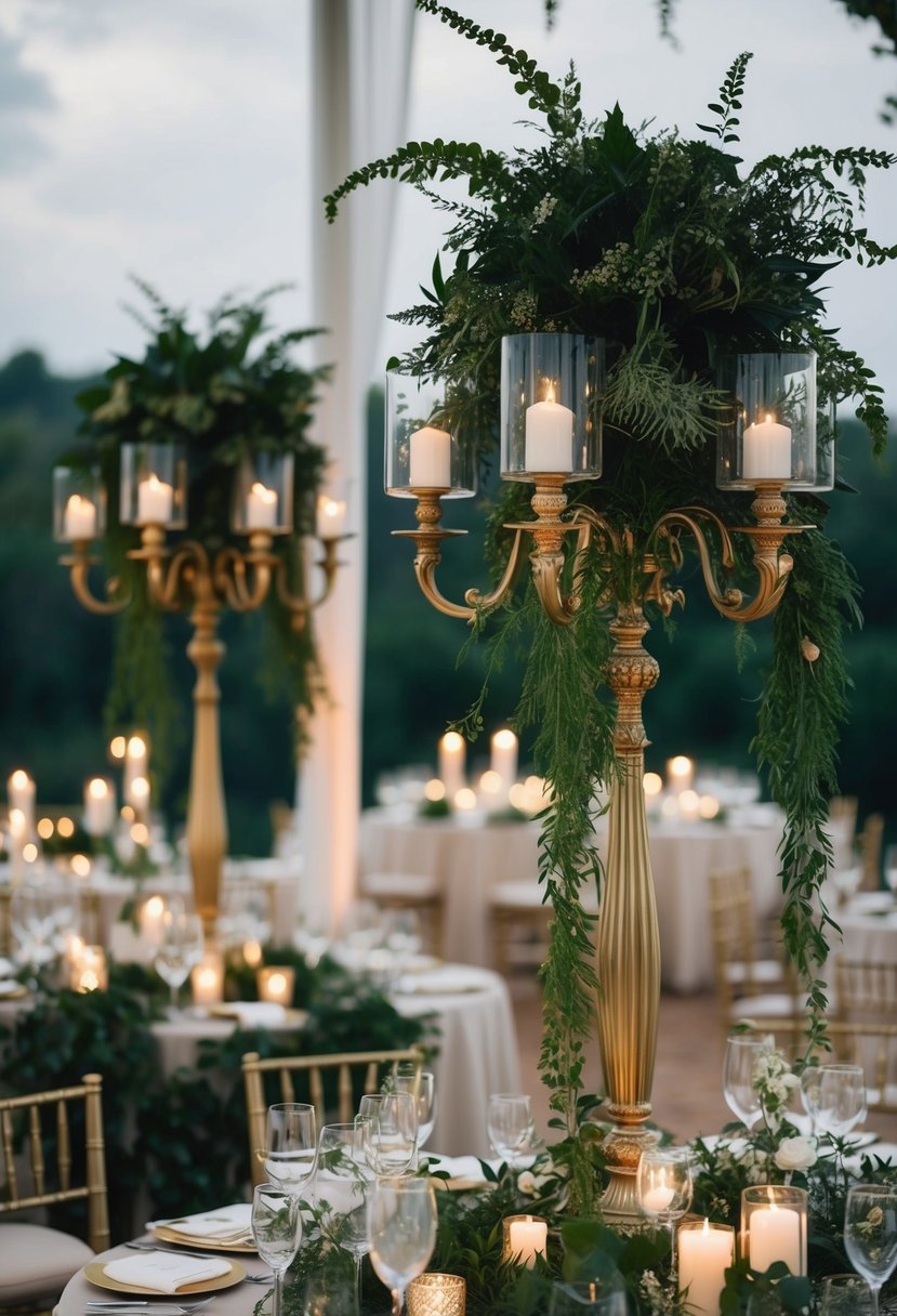 Lush greenery drapes over elegant candelabras, creating a moody and romantic atmosphere for a wedding table decoration