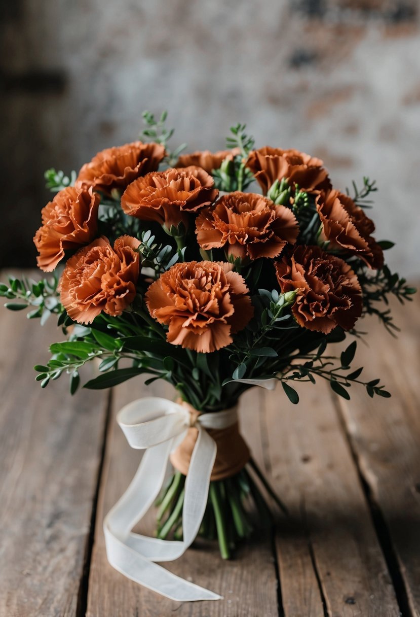 A terracotta carnation charm bouquet in earth tones sits on a rustic wooden table, accented with greenery and tied with a delicate ribbon