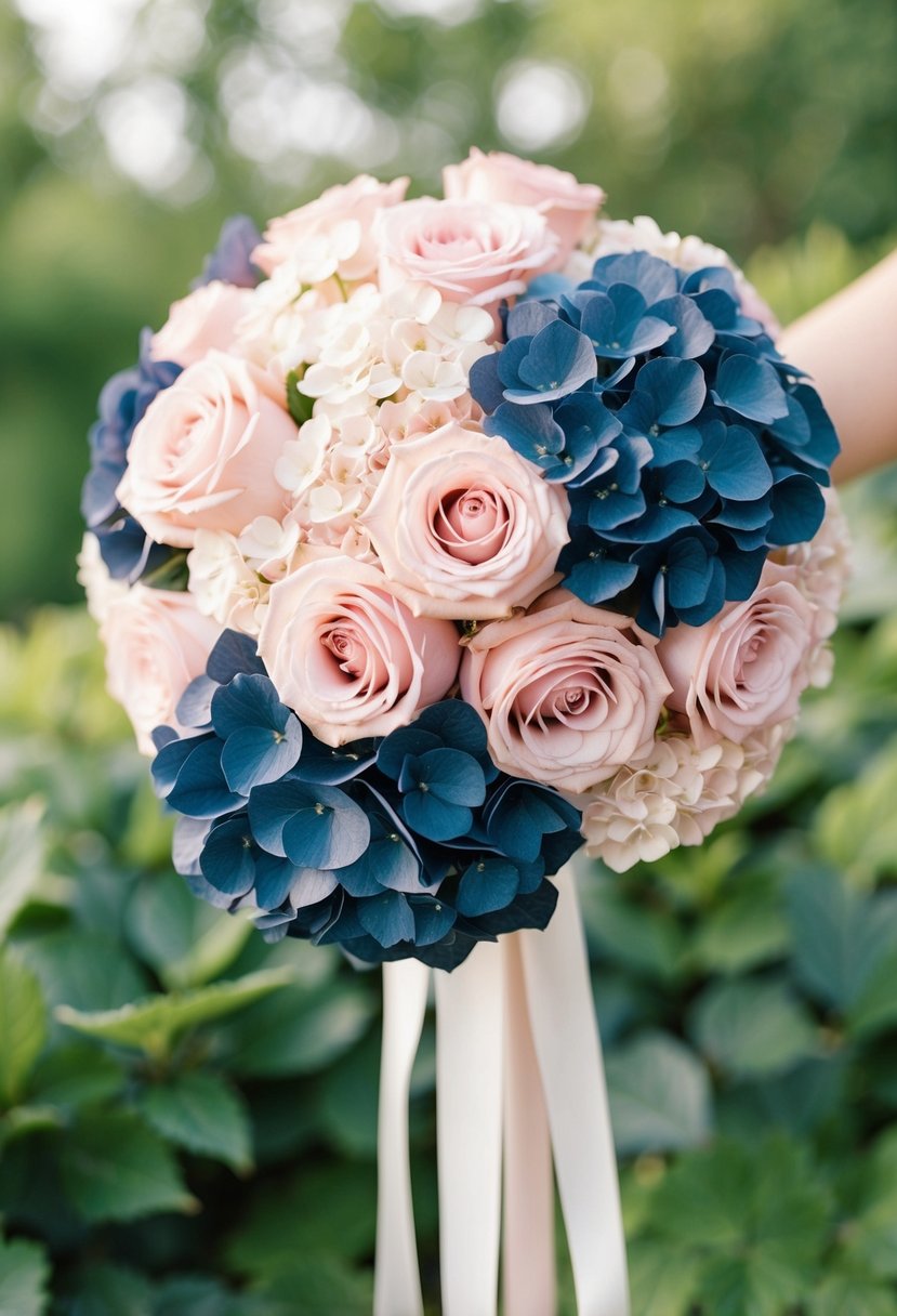 A lush bouquet of blush roses and navy hydrangeas cascading from a delicate ribbon